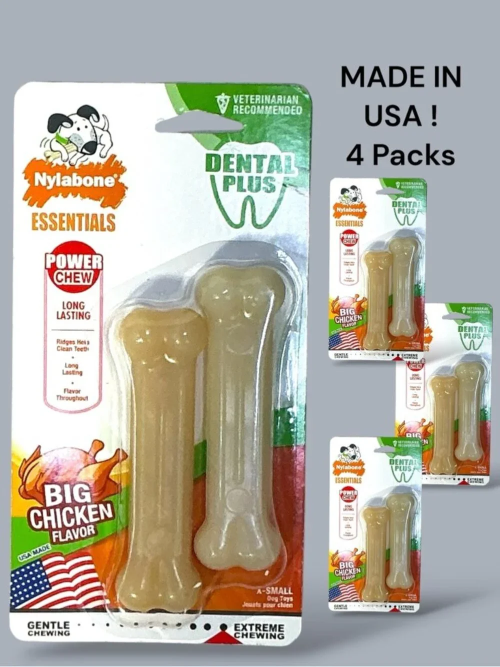 Nylabone Dog Dental Essentials Power Chew Toys Made In USA Chicken Flavor 4 PC